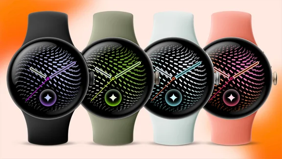 The Pixel Watch 5 - all new colours pictured from the front against an orange background
