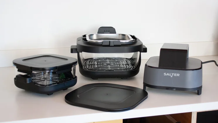 The Salter Crisp & Go air fryer and its accessories on a kitchen counter