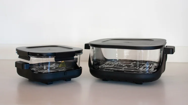 The Salter Crisp & Go air fryer's 4l and 1.5l dishes on a kitchen counter
