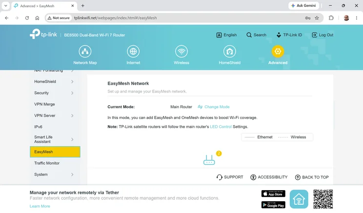 Screenshot of the TP-Link Archer BE400 webUI - EasyMesh settings