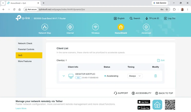 Screenshot of the TP-Link Archer BE400 web UI = QoS settings
