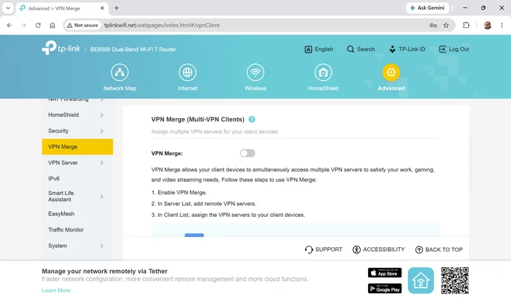 Screenshot of the TP-Link Archer BE400 web UI VPN fusion settings