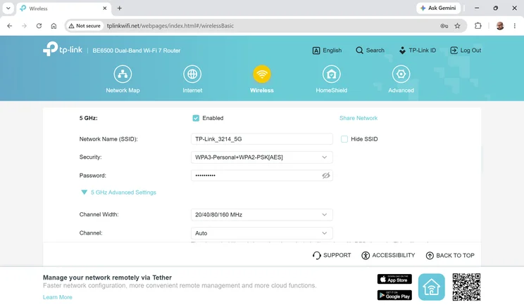 Screenshot of the TP-Link Archer BE400 web UI - Wi-Fi settings