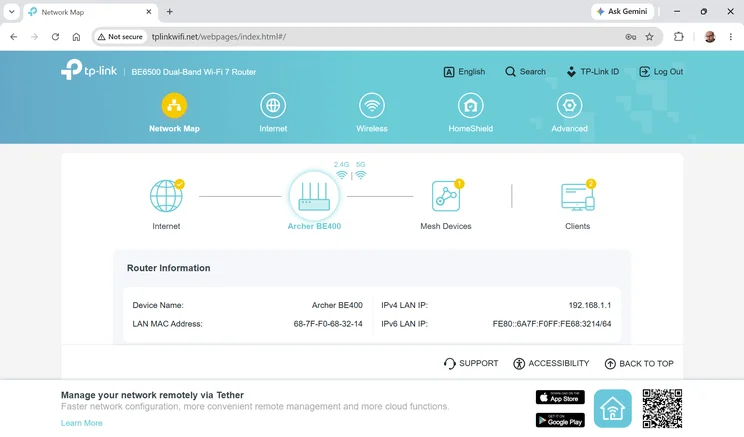 Screenshot of the TP-Link Archer BE400 web UI - main page