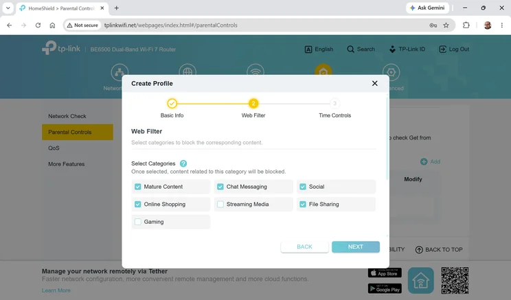 Screenshot of the TP-Link Archer BE400 web UI - parental controls