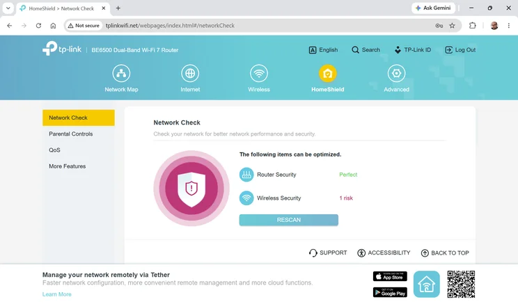 Screenshot of the TP-Link Archer BE400 web UI - network check page
