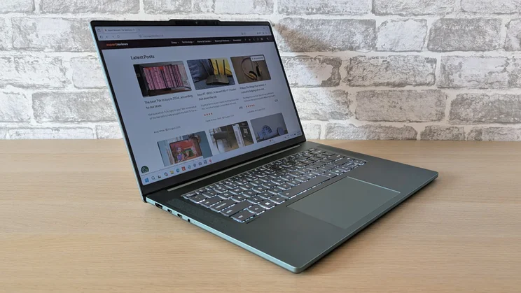 The Lenovo Slim 5x Gen 11 pictured from the front left quarter