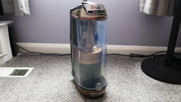 The Shark PowerDetect Transformer's large dust collection bin removed from the vacuum