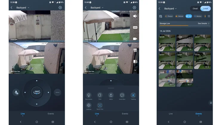 Three screenshots from the Aosu app showing saved footage from the Aosu Solarcam T2 Pro security camera