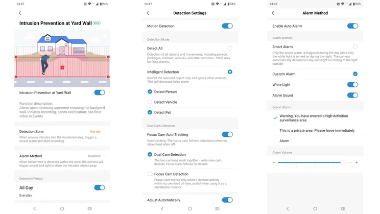 Three screenshots from the Aosu app showing the Intrusion Prevention at Yard Wall options and general settings