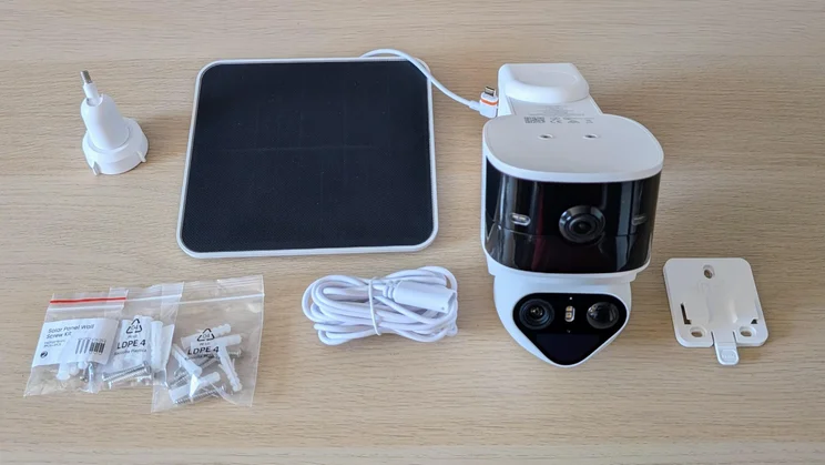 The full Aosu Solarcam T2 Pro package, including the camera, USB-C cable, plug, mount, solar panel and screws