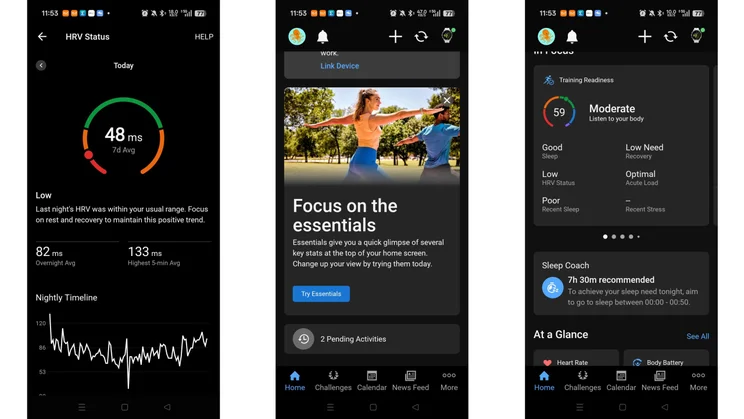 Three screenshots from the Garmin Connect app showing HRV status, Activities and Training Readiness