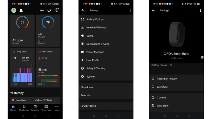 Three screenshots from the Garmin Connect app showing the homepage and main settings