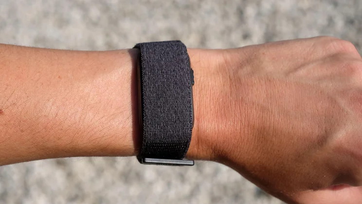 Top-down view of the Garmin Cirqa tracker being worn on our reviewer's wrist