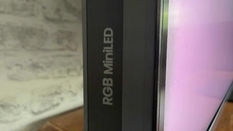 The RGB Mini LED logo on the side of the Hisense UR9S RGB Mini LED TV