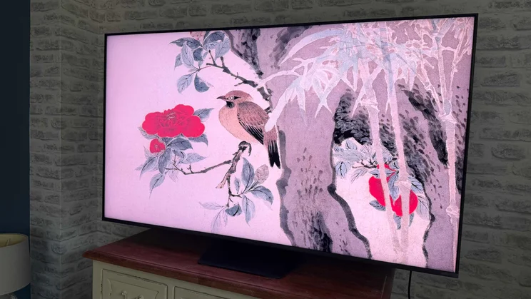 Right view of the Hisense UR9S RGB Mini LED TV with digital artwork of birds in a tree