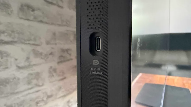 The USB-C port on the side of the Hisense UR9S RGB Mini LED TV
