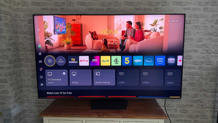 Front view of the Hisense UR9S RGB Mini LED TV showing the VIDAA OS homepage