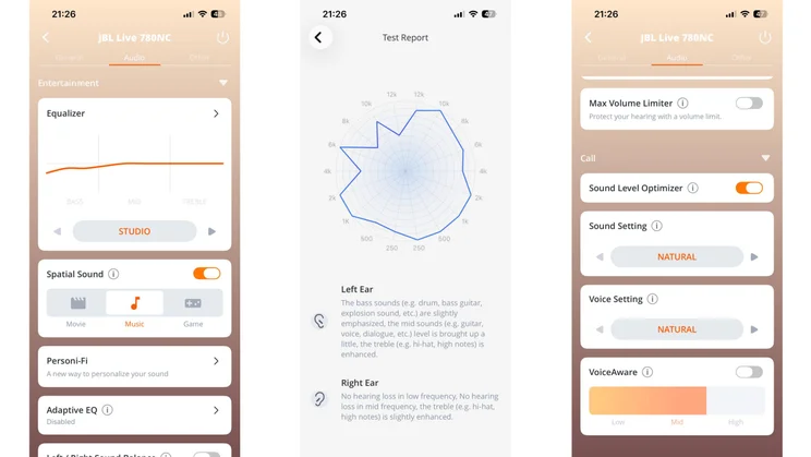 Three screenshots from the JBL Headphones app showing the EQ settings, Personi-Fi and call settings