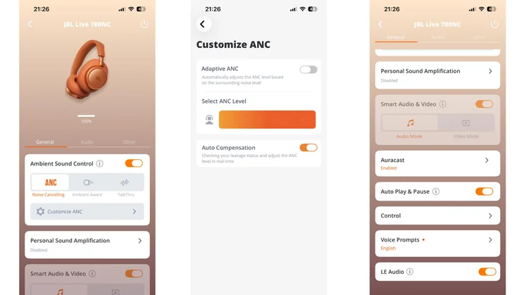 Three screenshots from the JBL Headphones app showing the homepage, ANC settings and main settings