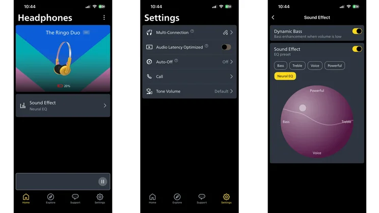 Three screenshots from the Philips Headphones app showing the homepage, settings and EQ options