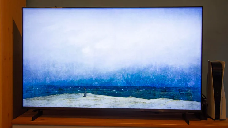 The Samsung QN80H Mini LED TV displaying The Monk By The Sea by Caspar David Friedrich