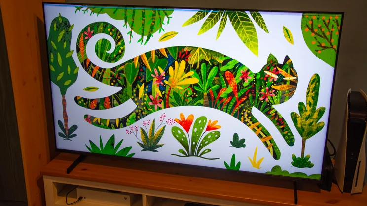The Samsung QN80H Mini LED TV displaying an image of a green cat in the jungle