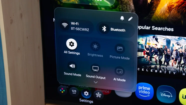 The Samsung QN80H Mini LED TV displaying the Quick Settings menu