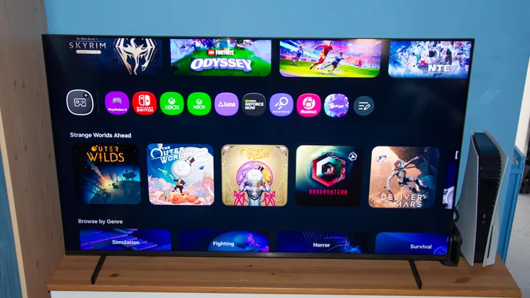 The Samsung QN80H Mini LED TV displaying the Samsung Game Hub