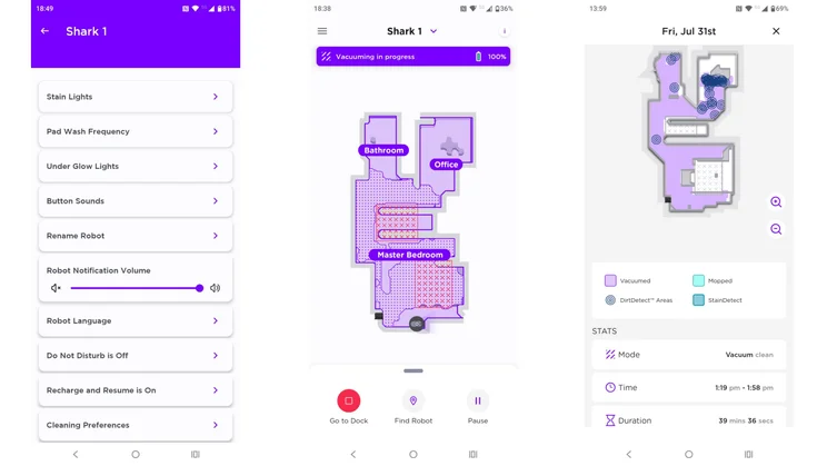 Three screenshots from the Shark app when used with the Shark PowerDetect UV Reveal 2-in-1 robot vacuum