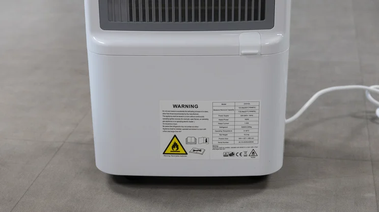 A closeup of the base of the Devola DVH12L Compressor dehumidifier