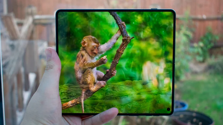 Motorola Razr Fold unfolded in hand, displaying a nature video