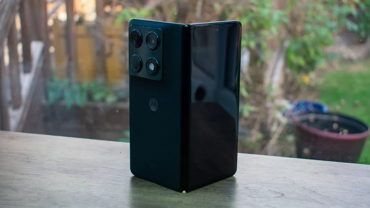 Motorola Razr Fold partially unfolded, rear view