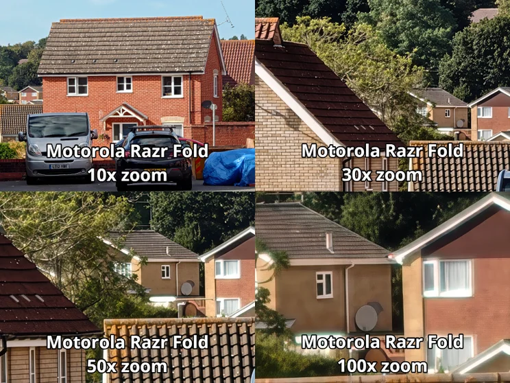 Comparison image showing four different levels of zoom shots of houses