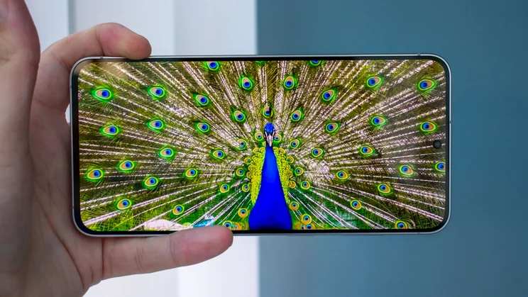 Samsung Galaxy S26 FE in hand, displaying a nature video