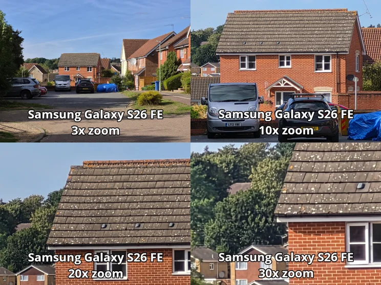 Four-panel comparison of different zoom shots of a red house