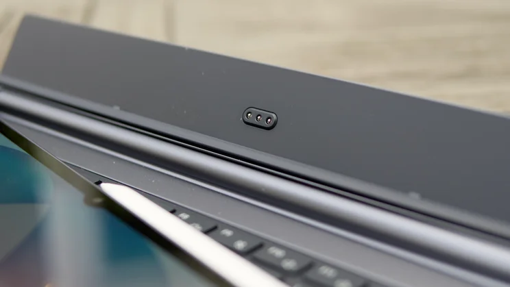 Close-up of the three-pin magnetic connector on the rear panel of the Samsung Galaxy Tab S12 Ultra keyboard cover