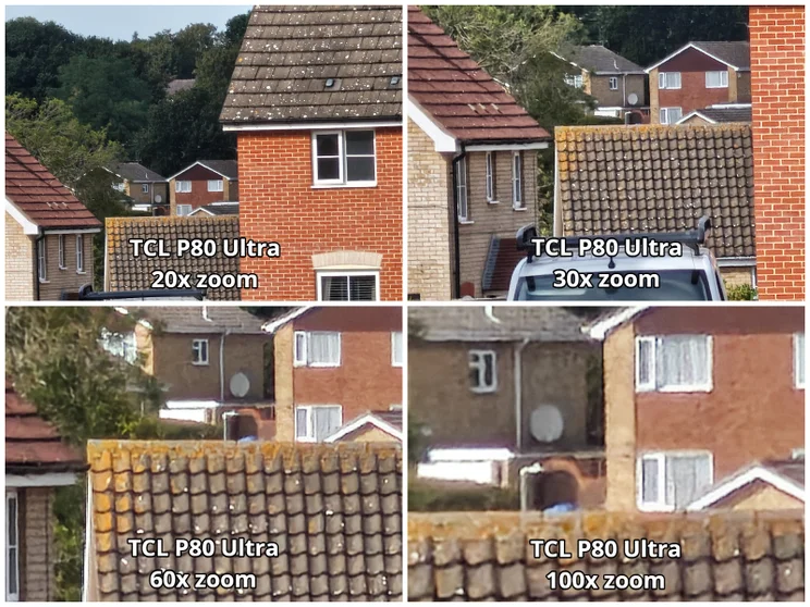 Four-panel comparison image showing different zoom levels on the TCL P80 Ultra