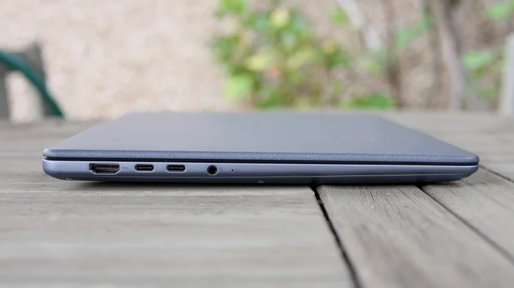 The Asus Zenbook 14 (2026), closed, pictured from the left edge