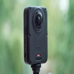 The DJI Osmo 360 II pictured on a selfie stick from the front