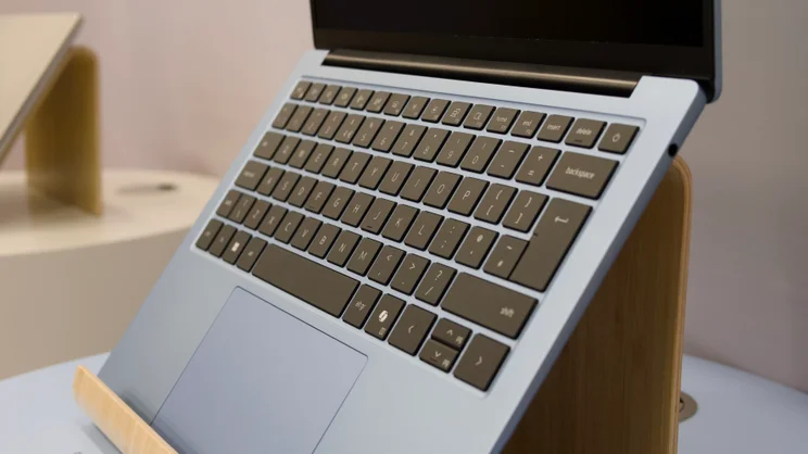 The Dell 14S' keyboard, pictured from the right side at an oblique angle