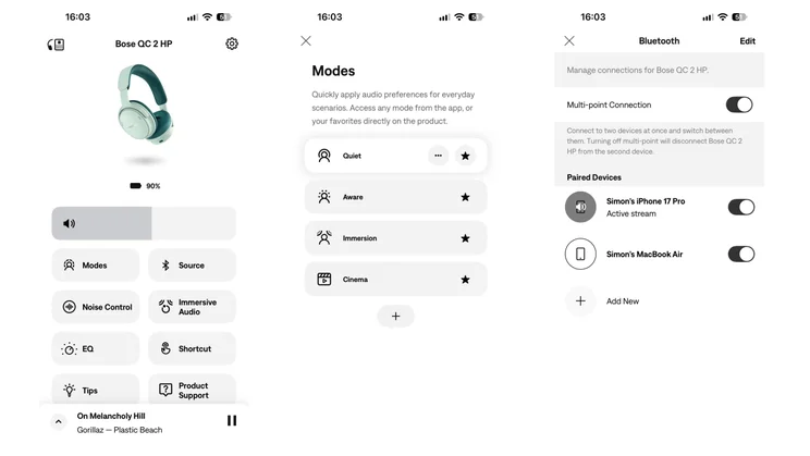 Three screenshots from the Bose app showing the home page and modes 
