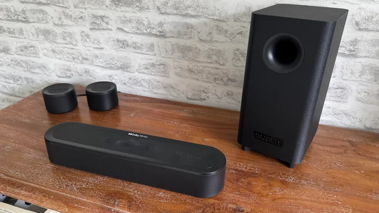 The Majority Bowfell Halo Atmos soundbar system on a wooden table
