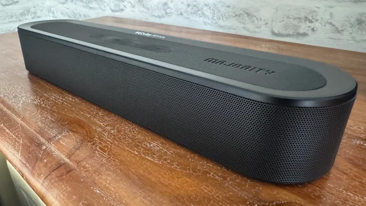 The Majority Bowfell Halo Atmos soundbar on a wooden table