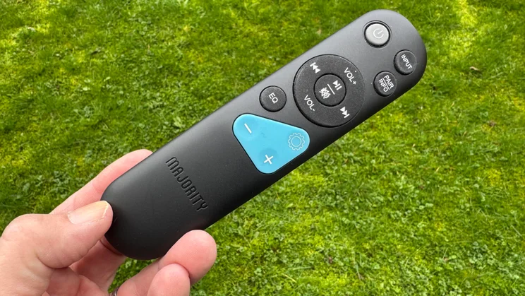 The remote control included with the Majority Bowfell Halo Atmos