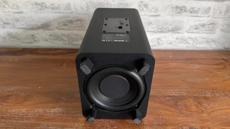 The base of the subwoofer included in the Majority Bowfell Halo Atmos soundbar system