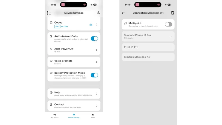 Two screenshots from the Sennheiser Smart Control Plus app showing the device settings and connection options