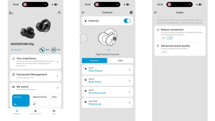 Three screenshots from the Sennheiser Smart Control Plus app showing the homepage, control customisation and codec options