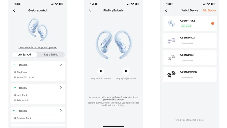 Three screenshots from the Shokz app showing the control options, Find My and My Devices