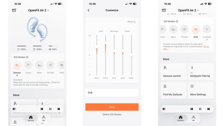 Three screenshots from the Shokz app showing the home page, custom eq and settings